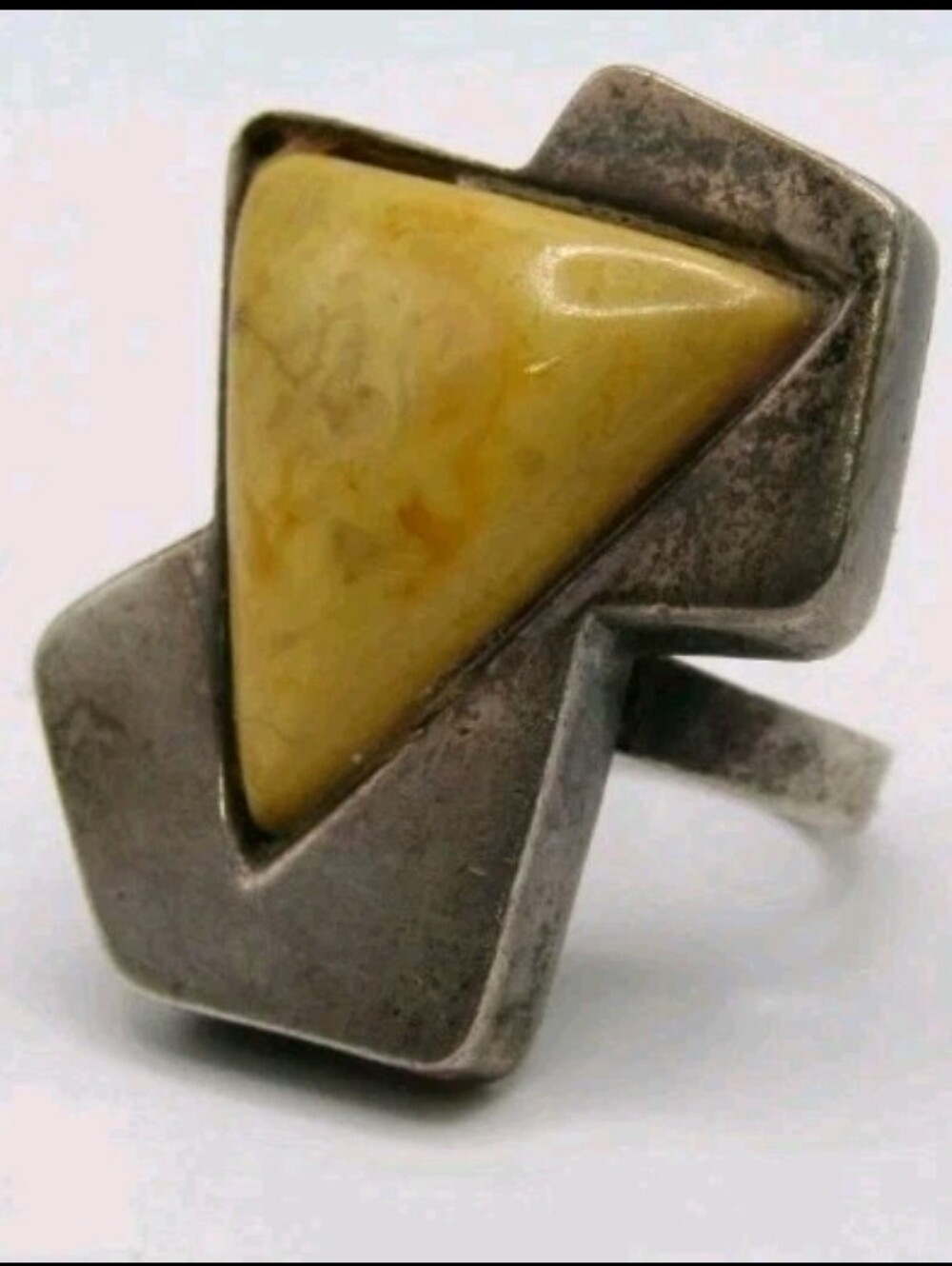Vintage Handcrafted Sterling Silver Modernist Butterscotch Egg Yolk Amber Ring